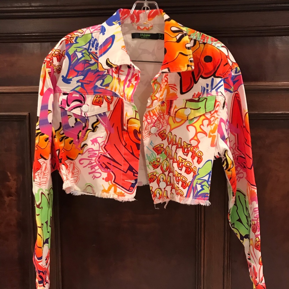 Jaded London White Graffiti Print Crop Denim Jaket